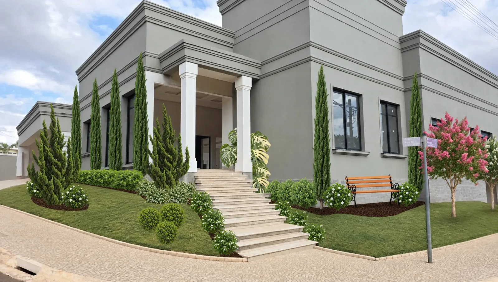 The same front composed in the editor, with conifers, shrubs, a bench and a flowering tree