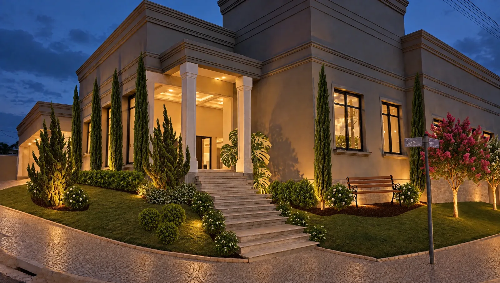 Night version made by Apply Realism: the house front and its garden lit up