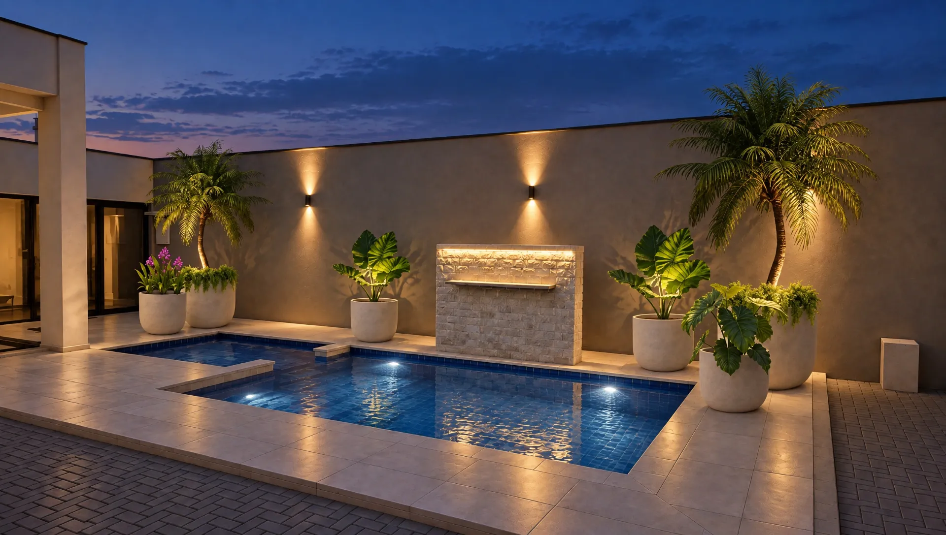 A pool with pots, palm trees and a waterfall lit at night