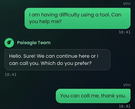A conversation with the Paisagia team in the support chat
