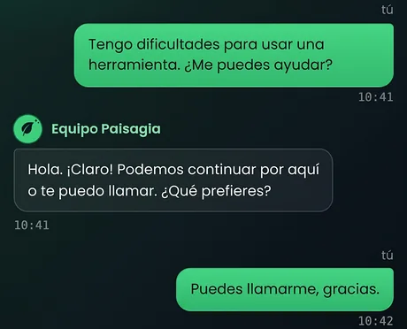 Una conversación con el equipo de Paisagia en el chat de soporte