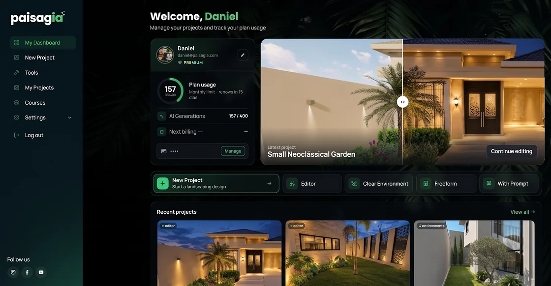 The Paisagia dashboard, with the latest project, the plan usage and the recent projects