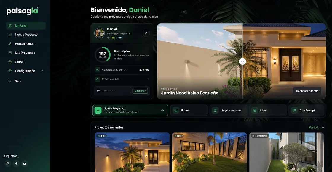 El panel de Paisagia, con el último proyecto, el uso del plan y los proyectos recientes