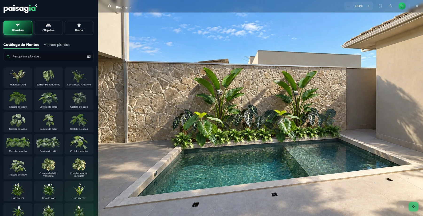 After: the same space in the editor, with a tropical bed along the stone wall