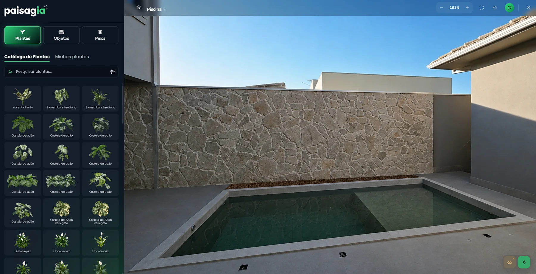 Before: the pool area open in the editor, its stone wall not yet planted