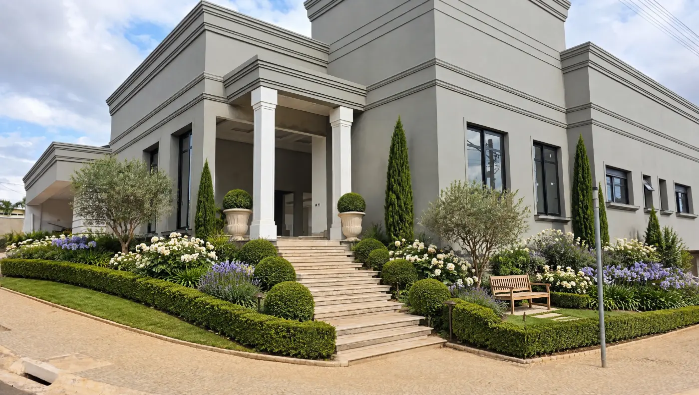 After: a classic garden with hedges, olive trees and a bench