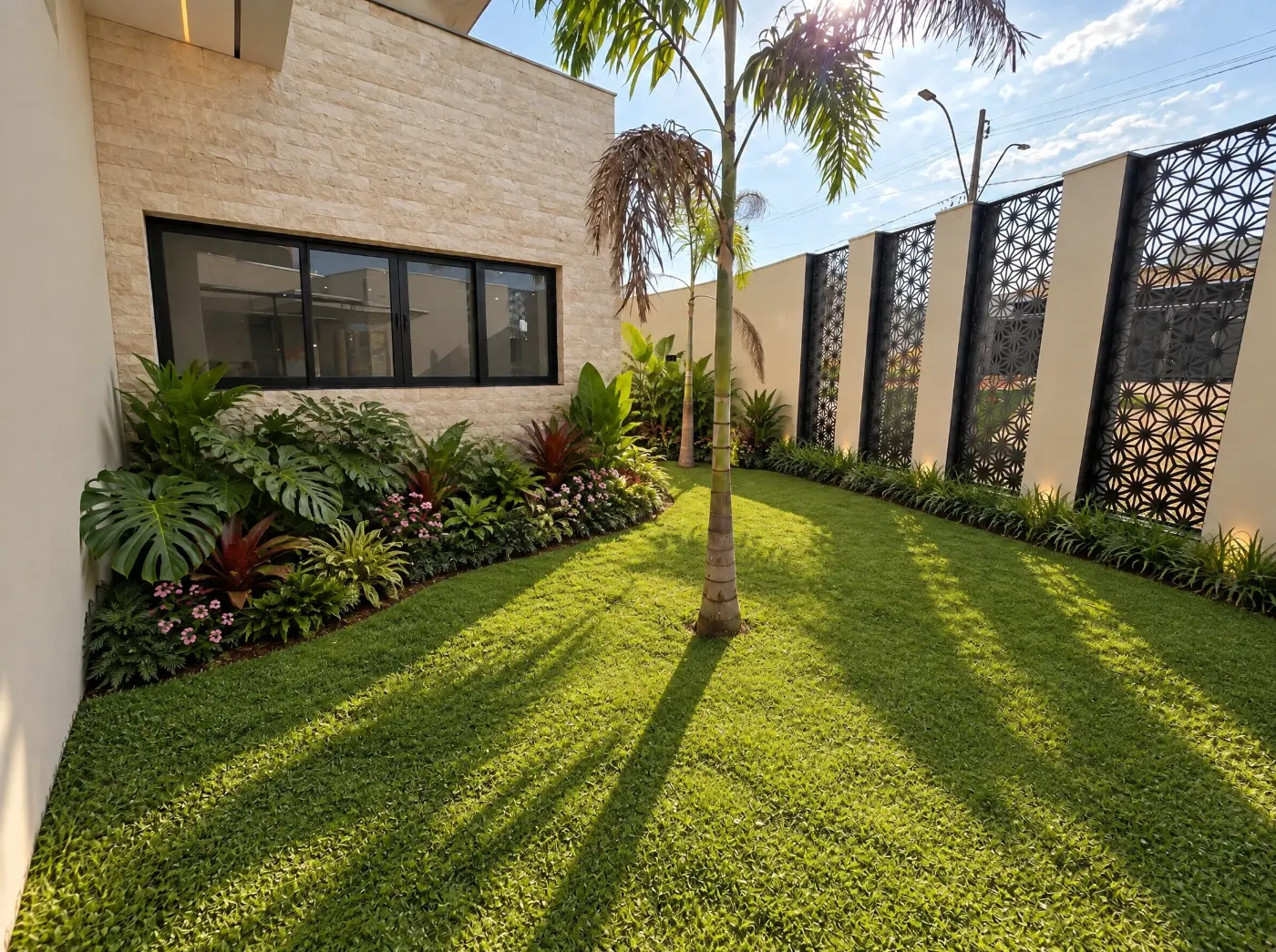 After: lawn and a tropical bed along the wall